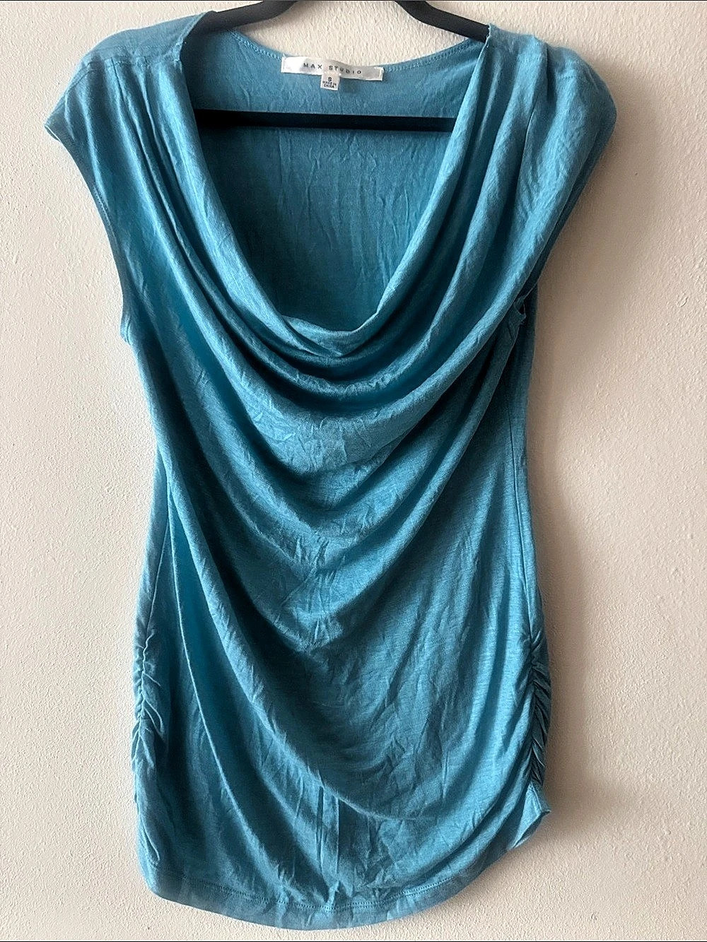 Max Studio Cowl Neck Short Sleeve Top in Blue Size Small Like New